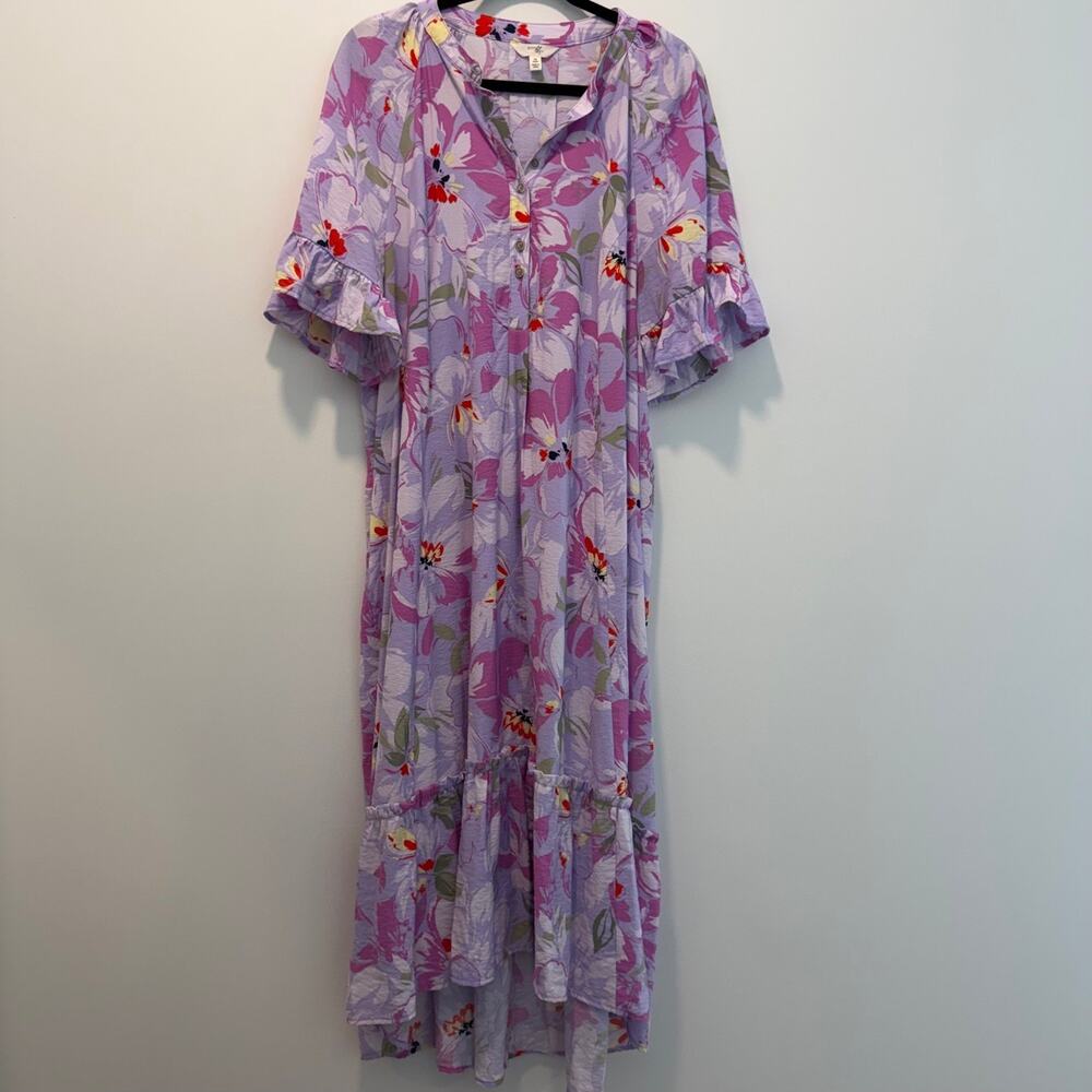 Terra & Sky Women's Plus 0X 14W Purple Floral Ruffle Sleeve Maxi Dress Tiered